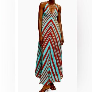 Mango Chevron Striped Blue/Brown Maxi Dress M NWOT